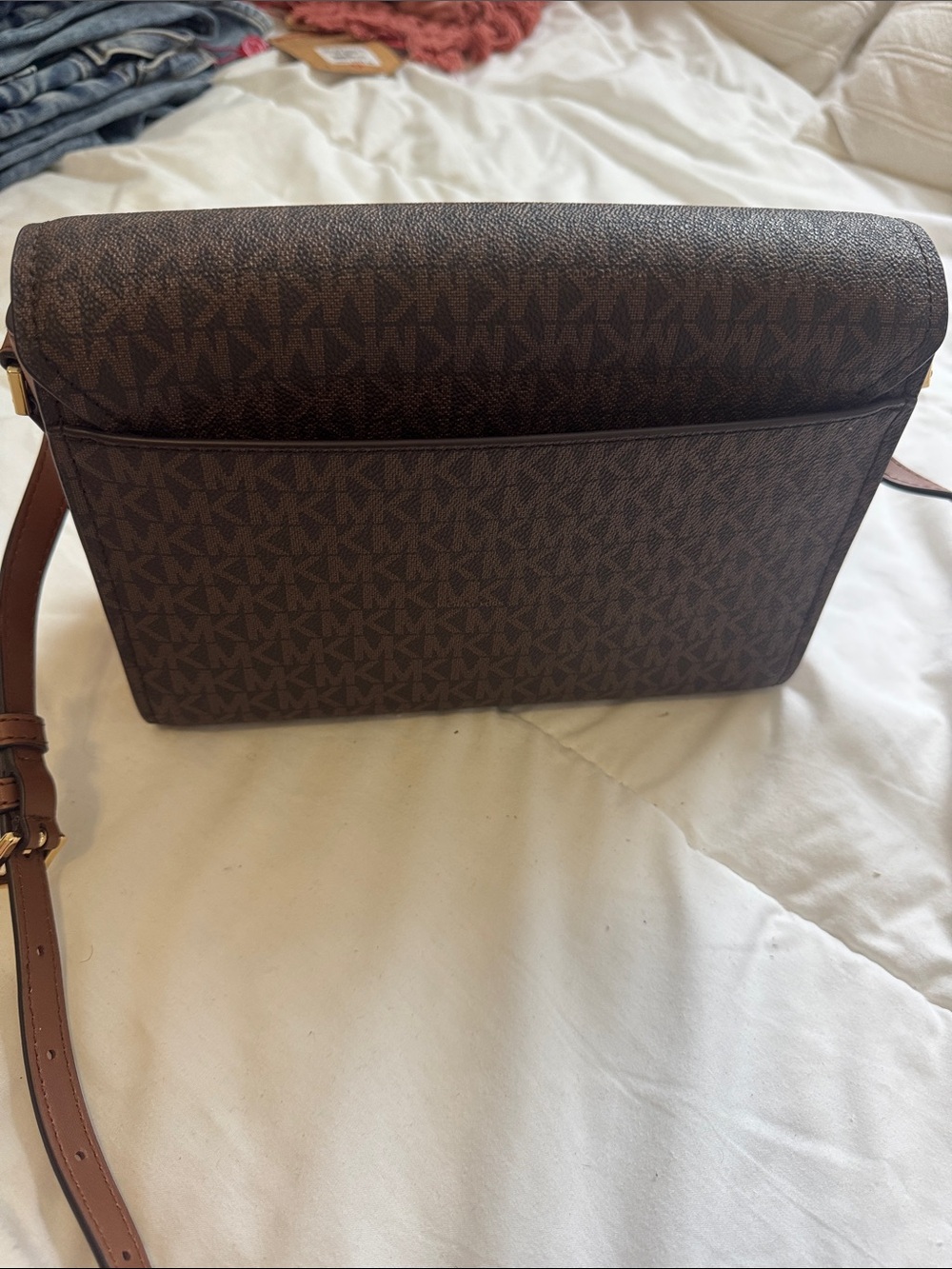Michael Kors Dark Brown MK Monogram Messenger Bag with Gold Logo - Picture 7 of 10